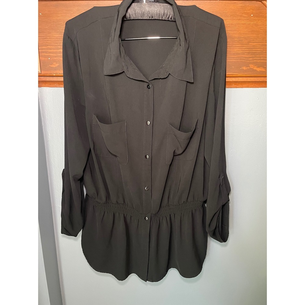 Elementz Womens Black Smocked Waist Roll Tab Sleeve Button Down Blouse Top XL